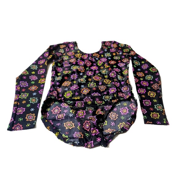 GK Elite AL Scoop Neck Leotard VTG Long Sleeve Adult L Neon Black Geometric NWT - Picture 5 of 9